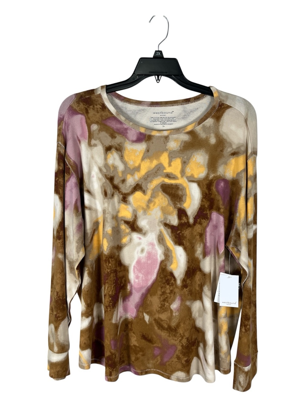 NWT Westbound 2X Watercolor Marble Knit Top Curved Hem Long Sleeve $44
